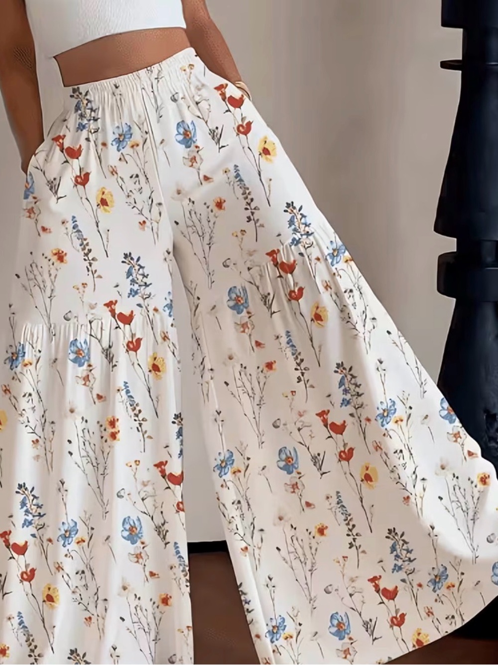 Floral Wide-Leg White Palazzo Pants